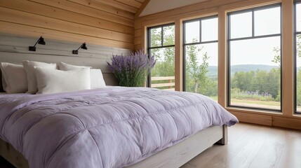 Bedroom with a large window that offers a beautiful view of the countryside. the room has wooden walls and flooring, and the ceiling is made of light-colored wood panels.