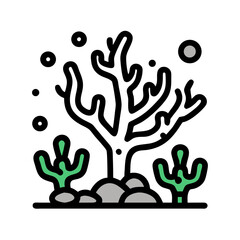 Obraz premium Marine Life, Nautical Elements line icon Vector of sea creatures, sailing, underwater exploration, sailboat, lighthouse, ship, anchor, compass, coral reef thin linear illustration.