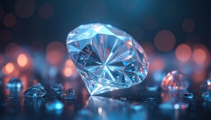 Illustration shows a close-up of a shiny diamond. Diamonds scattered on a dark background with blurred bokeh lights. Image represents luxury, wealth, jewelry, engagement, wedding concept.