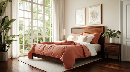Modern and luxurious bedroom with a large window on the left side. the window has white curtains and offers a view of the greenery outside.