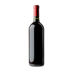 Isolated dark red wine bottle with red foil on top against a stark black background in studio shot