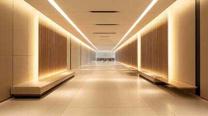 high-end airport waiting area, empty corridor with symmetry and depth,
