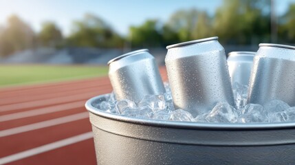 Blank soda cans mockup in ice bucket with soccer stadium field background for energy drinks advertising commercial
