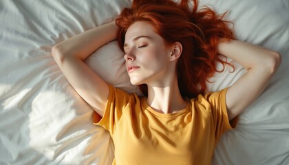 Naklejka premium Young woman with red hair relaxes on white bed. Serene lady embodies tranquility, peace in expression. Soft light enhances peaceful mood. Calm person resting, dreaming, enjoying joy of mind body soul.