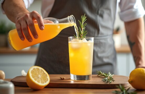 Man pouring kombucha cocktail with lemon rosemary. Refreshing summer drink. Homemade organic beverage. Fermented, probiotic drink preparation in kitchen. Vegan healthy cold refreshment.