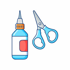 Glue bottle with a red label and scissors on white background