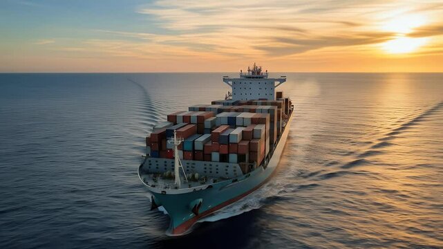 Cargo Ship Sailing on Ocean at Sunset Aerial View Slow Motion