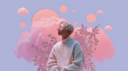 Gen Z individual representing mental health clouds and plants icons. AI generated.