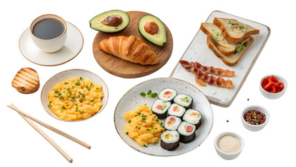 Top-down composition of various international breakfasts isolated on white background