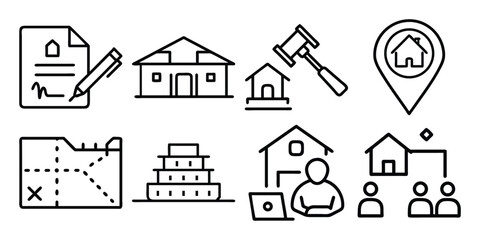 A vector illustration set features house icons, depicting real estate, residential homes, and architectural designs as simple symbols