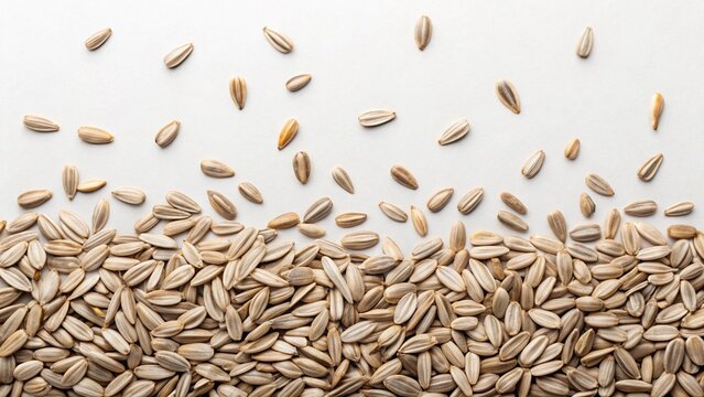 A scattered arrangement of "Sunflower seeds" with their distinct striped shells fills the bottom half of the frame against a clean white background, creating an attractive and natural pattern