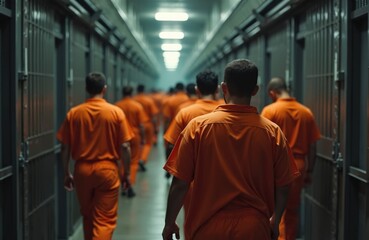 Plakat Group of prisoners in bright orange uniforms walking down dimly lit prison hallway. Harsh lighting creates tense atmosphere. Concept of crime punishment, incarceration. Focus on correctional system.