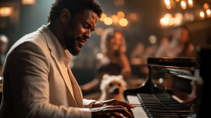 A skilled pianist passionately performs in an intimate setting, where candlelight and warm ambiance create an inviting backdrop for a captivating musical experience.