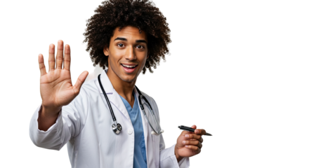 Smiling doctor with stethoscope gesturing a stop sign with his hand and a pen