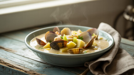 A photograph of a steaming bowl of creamy New England clam chowder