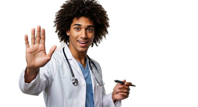 Smiling doctor with stethoscope gesturing a stop sign with his hand and a pen
