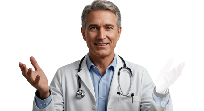 Smiling doctor with stethoscope gesturing with open hands against a dark background