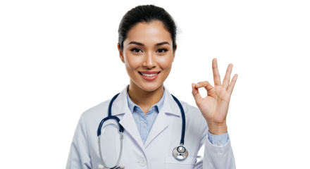 Smiling female doctor in a white coat making an okay gesture on a black background