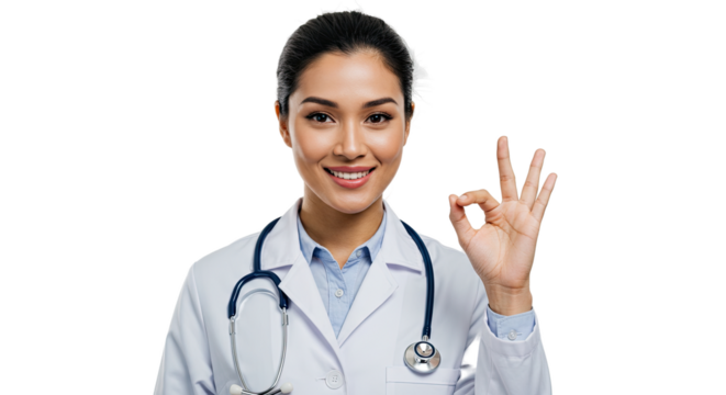 Smiling female doctor in a white coat making an okay gesture on a black background