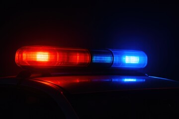 Flashing red and blue lights illuminate a dark urban environment during a nighttime emergency. The lights signal law enforcement presence and alert nearby citizens