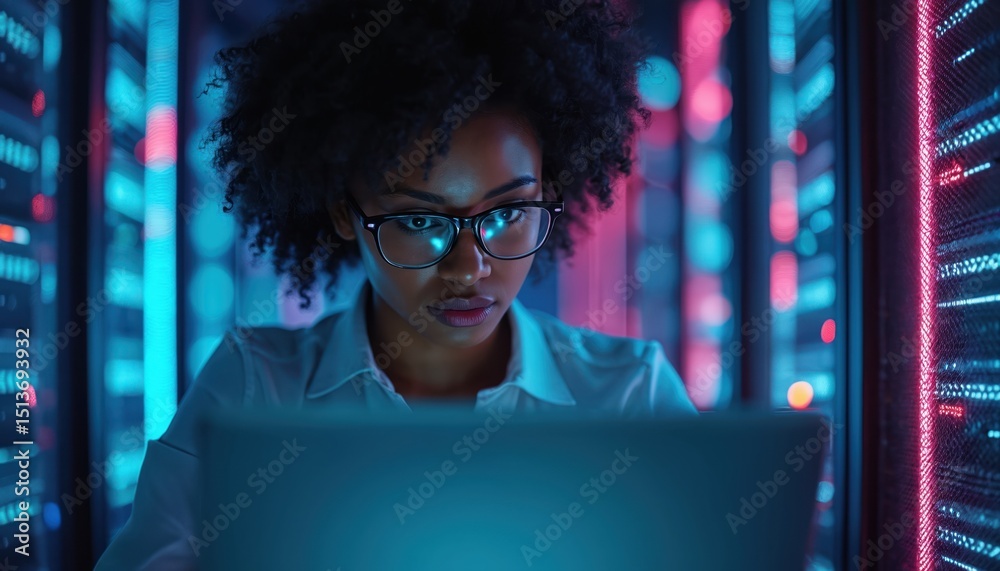 Fototapete black woman specialist in server room with laptop. engineer works in cybersecurity operations. netwo