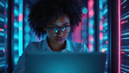 Black woman specialist in server room with laptop. Engineer works in cybersecurity operations. Network security expert, computer scientist, focused on problem-solving in data center. pro works with
