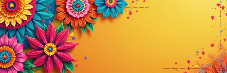 Creative flyer design celebrates Hispanic Heritage Month. Bright, floral patterns, vivid colors. Cultural fair event illustration, perfect banner for party, fiesta, community celebration.