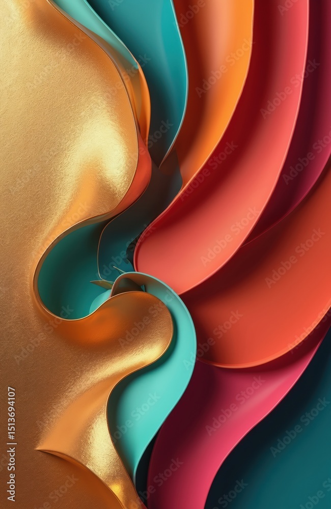 Leinwandbilder illustration with shiny wavy shapes. metallic texture with gold elements. abstract background with c