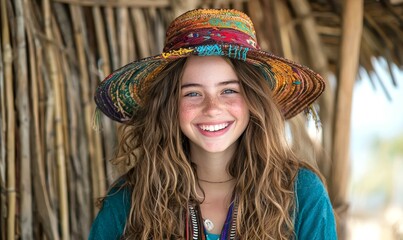 happy travel concept. Smiling girl with a straw hat against a natural backdrop.