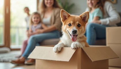 Family moves into new home with kids, cute dog in cardboard box. Happy family pet relocation concept. People move to new apartment, smiling, enjoying life. New home concept with boxes, family, dog.