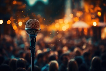An electric image of a microphone placed in front of a vibrant crowd, embodying the anticipation of performance and connection through music in a lively atmosphere.