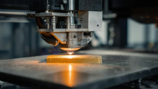Laser Melting Metal: Close-up view of a laser melting metal during a 3D printing process. The laser's intense heat is visibly melting the metal.