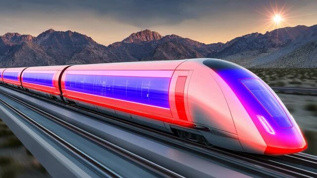 Futuristic hyperloop train in desert, futuristic hyperloop train high-speed travel, futuristic hyperloop train racing sunset