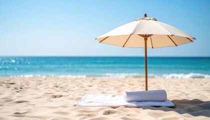 Fototapeta premium Beach scene featuring a sun umbrella and rolled towel on sandy shore with clear blue ocean in the background