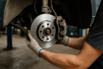 A mechanic works on a vehicle's brake system, carefully installing a new brake disc. The auto repair shop is well-lit, showcasing various tools and equipment in the background