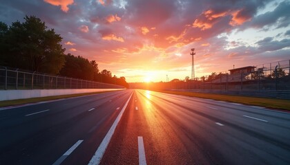 Fototapeta premium Race track with beautiful sunset. Asphalt road with dramatic sky and clouds in background. Transportation, vehicle speed, journey concepts. Road markings with white lines, racing circuit.