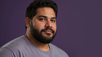 Fototapeta premium Plus size Hispanic man plain purple background, looking proud
