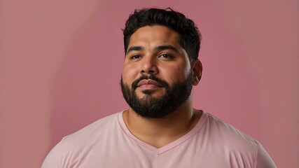 Fototapeta premium Plus size Hispanic man plain pink background, looking proud