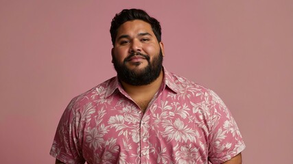 Plus size Hispanic man plain pink background, looking proud
