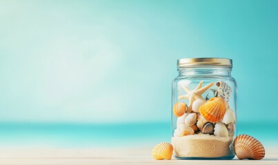 happy travel concept. Glass jar filled with seashells on a beach background.