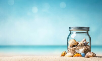 happy travel concept. Jar of seashells on the beach with a serene ocean background.