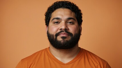 Fototapeta premium Plus size Hispanic man plain orange background, looking proud