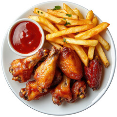 A plate of chicken wings and french fries with ketchup on a white plate against a black background