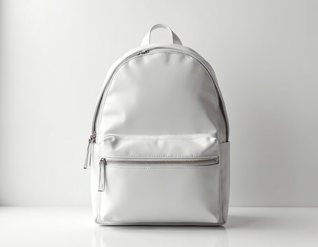 White schoolbag mockup on white background. Front view product presentation of backpack with zipped container, perfect for school students. Minimalist design, retail concept. Contains storage for