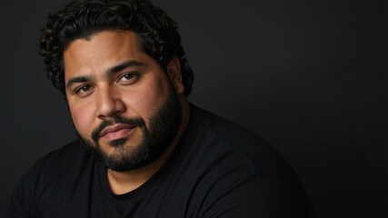 Fototapeta premium Plus size Hispanic man plain black background, looking proud
