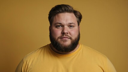 Fototapeta premium Plus size Caucasian man plain yellow background, looking proud
