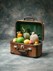 happy travel concept. Vintage suitcase filled with colorful fruit arrangements.