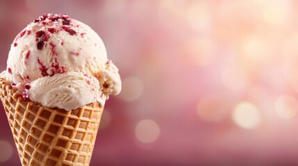 A delicious close-up of a colorful ice cream cone adorned with vibrant toppings captures the essence of sweetness and summer indulgence, inviting joy and delightful memories.