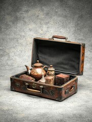 happy travel concept. Vintage suitcase with tea set inside, artfully arranged.