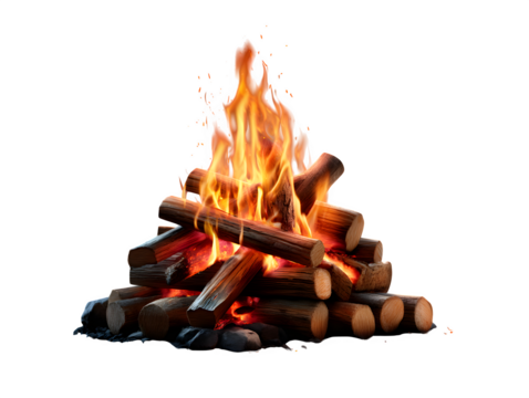 Campfire flames and logs burning, isolated on transparent background
